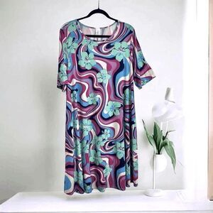 SOL R.H.R. Women Plus 2X Floral Swirl Print Pockets Pullover Midi Dress